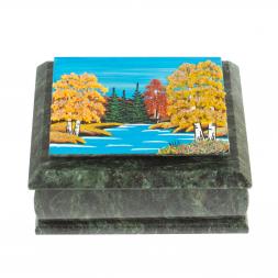 Шкатулка с рисунком "Осень" из змеевика 16х12х7,5 см