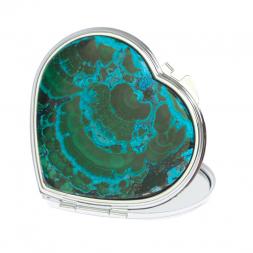 Зеркало карманное &amp;quot;Сердце&amp;quot; из малахита с хризоколлой цвет серебро