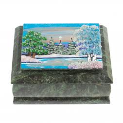 Шкатулка с рисунком "Зима" из змеевика 16х12х7,5 см