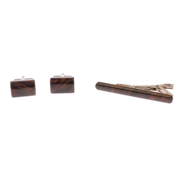 Набор запонки прямоугольные и зажим для галстука камень обсидиан 125699