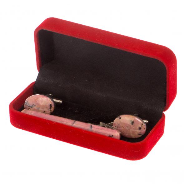 Набор запонки овальные и зажим для галстука камень родонит 125700