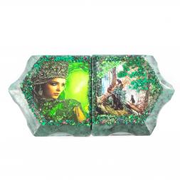 Шкатулка из камня змеевик "Хозяйка медной горы / Утро в сосновом лесу" 20х10х7,5 см