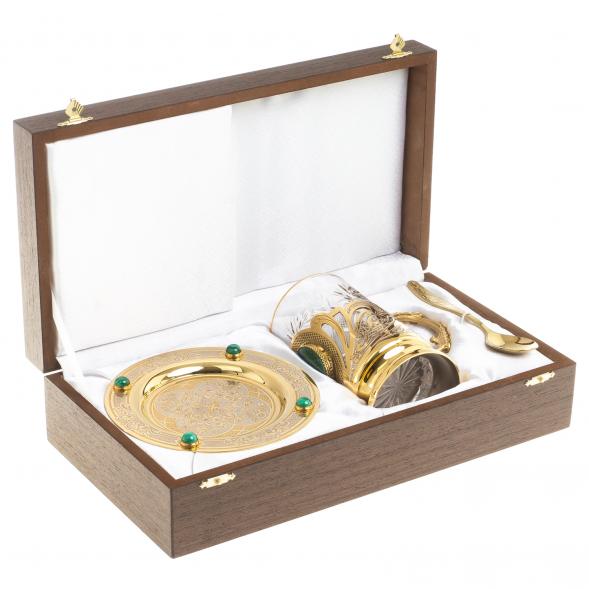 Чайная пара &amp;quot;Малахитовая&amp;quot; тарелка и подстаканник с ложкой Златоуст 113846