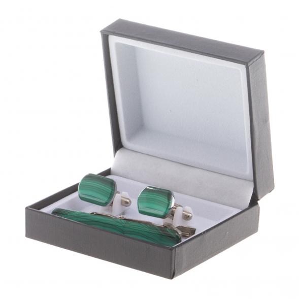 Набор запонки закругленные и зажим для галстука малахит 124649