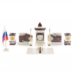 Настольный канцелярский набор с гербом и флагом России камень креноид и белый мрамор