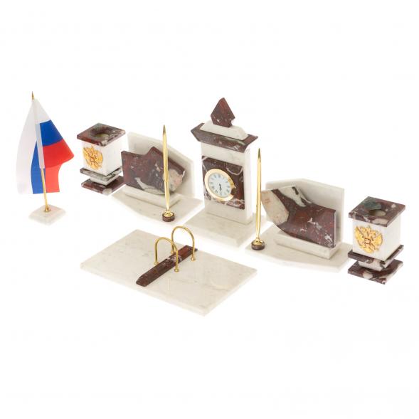 Настольный канцелярский набор с гербом и флагом России камень креноид и белый мрамор 129650