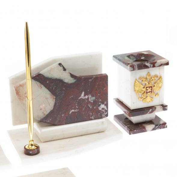Настольный канцелярский набор с гербом и флагом России камень креноид и белый мрамор 129650
