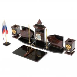 Настольный набор с гербом и флагом России камень креноид змеевик