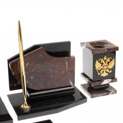 Настольный набор с гербом и флагом России камень креноид змеевик