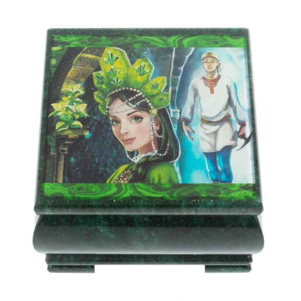 Шкатулка &amp;quot;Хозяйка медной горы и Данила мастер&amp;quot; камень змеевик 13х13х8 см 128334