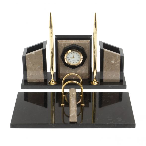 Письменный набор &amp;quot;Канцелярский&amp;quot; с часами камень бежевый мрамор 127468
