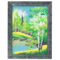Картина из камня "Летний пейзаж" вертикальная рамка змеевик 24х18,5 см