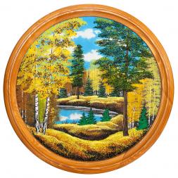 Панно каменное на тарелке из дерева &amp;quot;Осенний пейзаж&amp;quot; 60 см