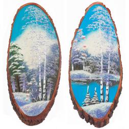 Панно на срезе дерева &amp;quot;Зима&amp;quot; вертикальное 65-70 см каменная крошка