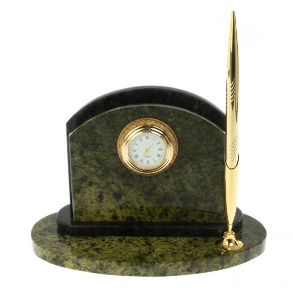 Визитница настольная для бумаг с часами и ручкой / змеевик 128786