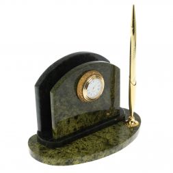 Визитница настольная для бумаг с часами и ручкой / змеевик