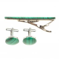 Набор запонки круглые и зажим для галстука малахит