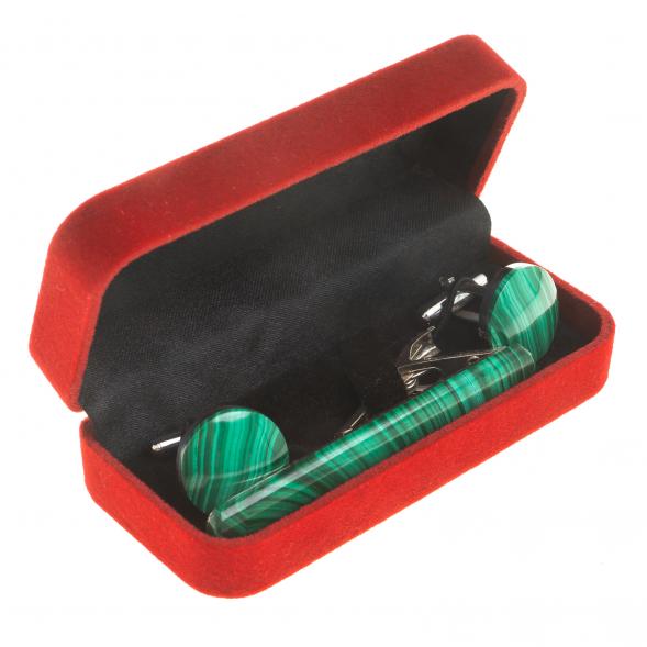 Набор запонки круглые и зажим для галстука малахит 123841