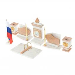 Письменный прибор с гербом и флагом России камень розовый мрамор