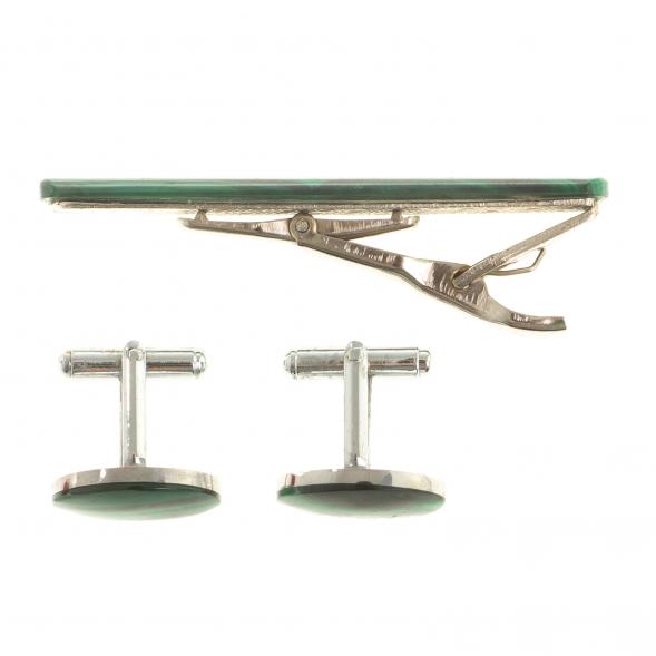 Набор запонки овальные и зажим для галстука малахит 123842