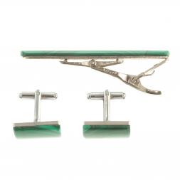 Набор запонки прямоугольные и зажим для галстука малахит