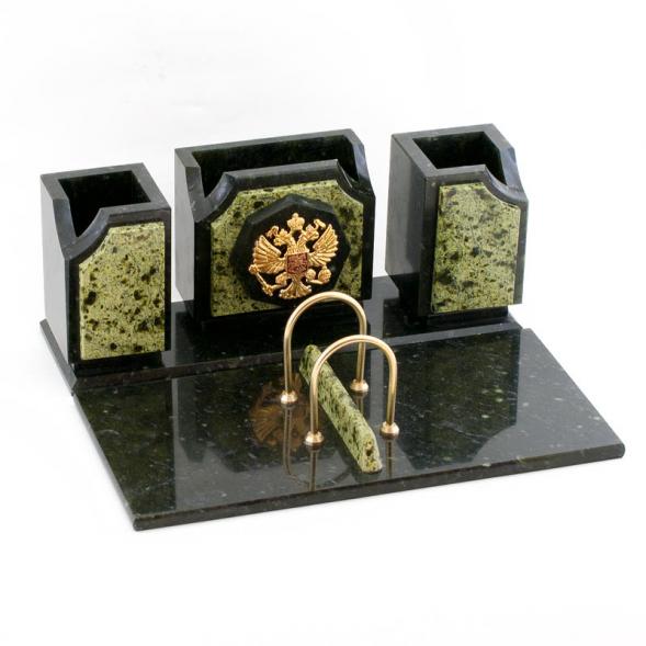 Письменный набор &amp;quot;Оптима&amp;quot; с гербом РФ камень змеевик 113496