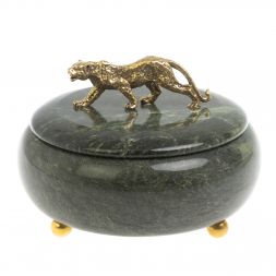 Шкатулка круглая "Гепард" из шабровского змеевика 15х15х12 см