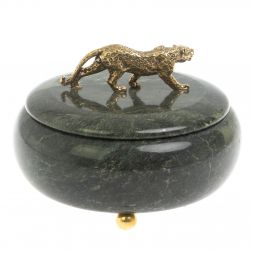 Шкатулка круглая "Гепард" из шабровского змеевика 15х15х12 см