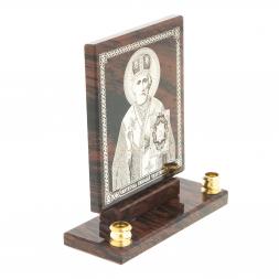 Икона настольная "Св. Николай Чудотворец" из обсидиана с подсвечниками