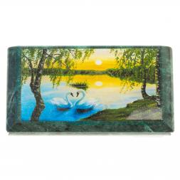 Шкатулка с иллюстрацией &amp;quot;Лебеди на закате&amp;quot; камень змеевик 17,5х9,5х7,5 см