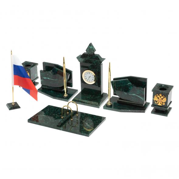 Настольный канцелярский набор с гербом и флагом России камень змеевик 113468