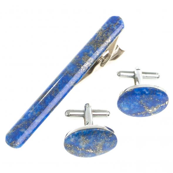 Комплект зажим для галстука и запонки овальные лазурит 123845