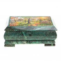 Шкатулка с иллюстрацией &amp;quot;Домик в лесу&amp;quot; камень змеевик 17,5х9,5х7,5 см