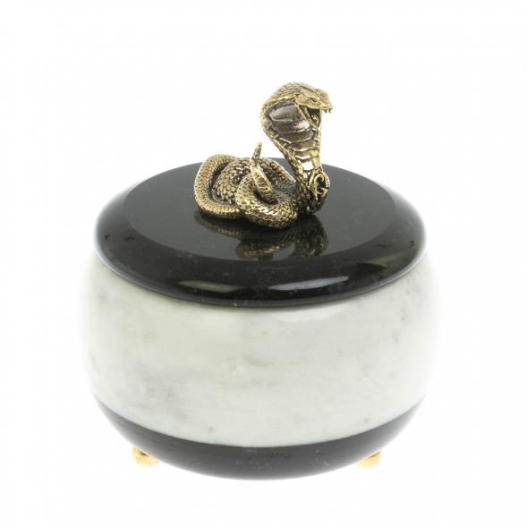 Шкатулка круглая &amp;quot;Кобра&amp;quot; из черного змеевика и мрамора 129440