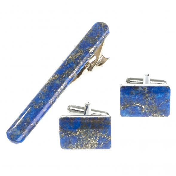 Набор запонки прямоугольные и зажим для галстука лазурит 123846
