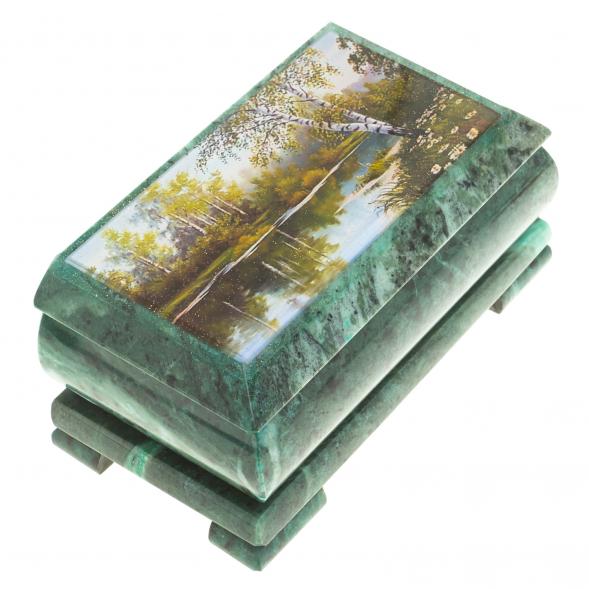 Шкатулка с иллюстрацией &amp;quot;Березы у реки&amp;quot; камень змеевик 17,5х9,5х7,5 см 124022