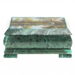 Шкатулка с иллюстрацией "Березы у реки" камень змеевик 17,5х9,5х7,5 см