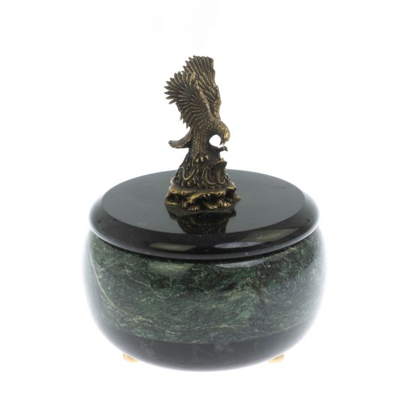 Шкатулка круглая &amp;quot;Орел&amp;quot; из темно-зеленого змеевика 10,5х10,5х13,5 см 129087