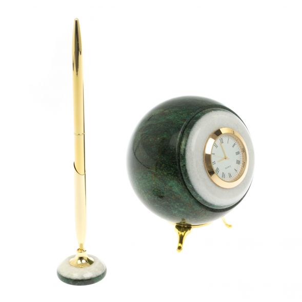 Часы шар и подставка под ручку из змеевика и мрамора 129246
