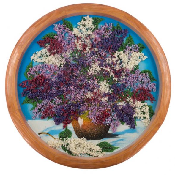 Декоративное панно на дереве &amp;quot;Сирень в горшке&amp;quot; 50 см  рисунок каменная крошка 121164