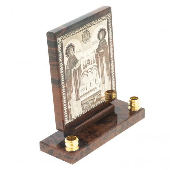 Икона настольная &amp;quot;Св. Петр и Св. Феврония&amp;quot; из обсидиана с подсвечниками 122902