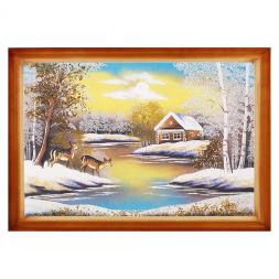 Картина "Косули у домика" багет дерево 46х66 см, каменная крошка