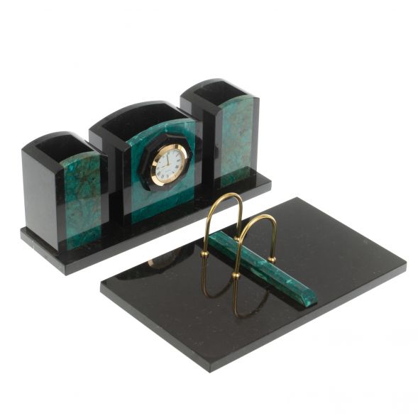 Настольный набор &amp;quot;Канцелярский&amp;quot; змеевик с часами 127400