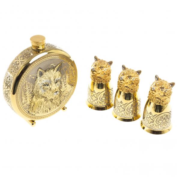 Подарочный набор &amp;quot;Волк&amp;quot; фляжка и 3 стопки перевертыша Златоуст 123674