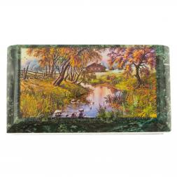 Шкатулка с иллюстрацией "Домик у ручья" камень змеевик 17,5х9,5х7,5 см