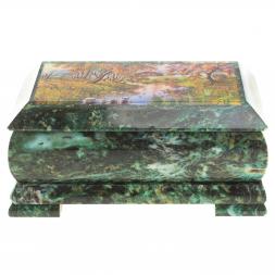 Шкатулка с иллюстрацией "Домик у ручья" камень змеевик 17,5х9,5х7,5 см
