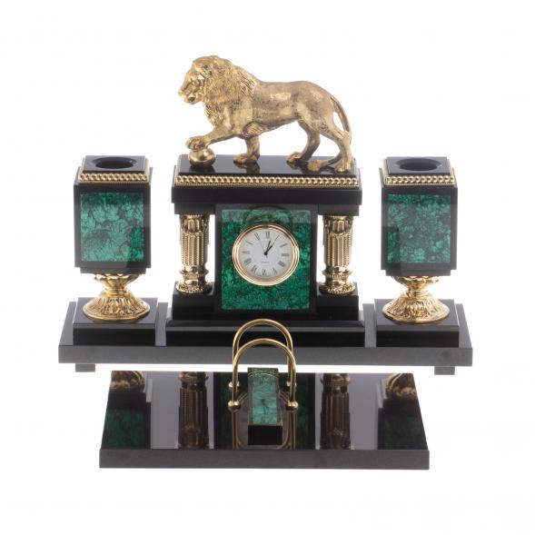 Настольный набор &amp;quot;Лев с шаром&amp;quot; камень малахит 124358