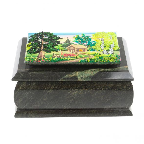 Шкатулка с рисунком &amp;quot;Летний домик в лесу&amp;quot; из змеевика 16х12х7,5 см 127481