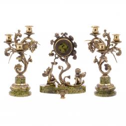 Каминные часы с канделябрами &amp;quot;Колибри&amp;quot; из бронзы и змеевика