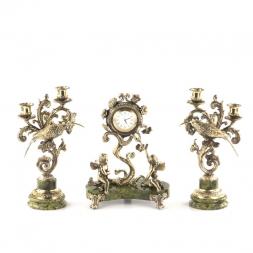 Каминные часы с канделябрами &amp;quot;Колибри&amp;quot; из бронзы и змеевика